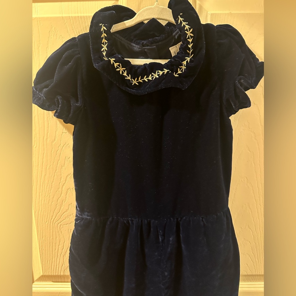 Navy Velvet Kids Jumpsuit with Embroidered Collar